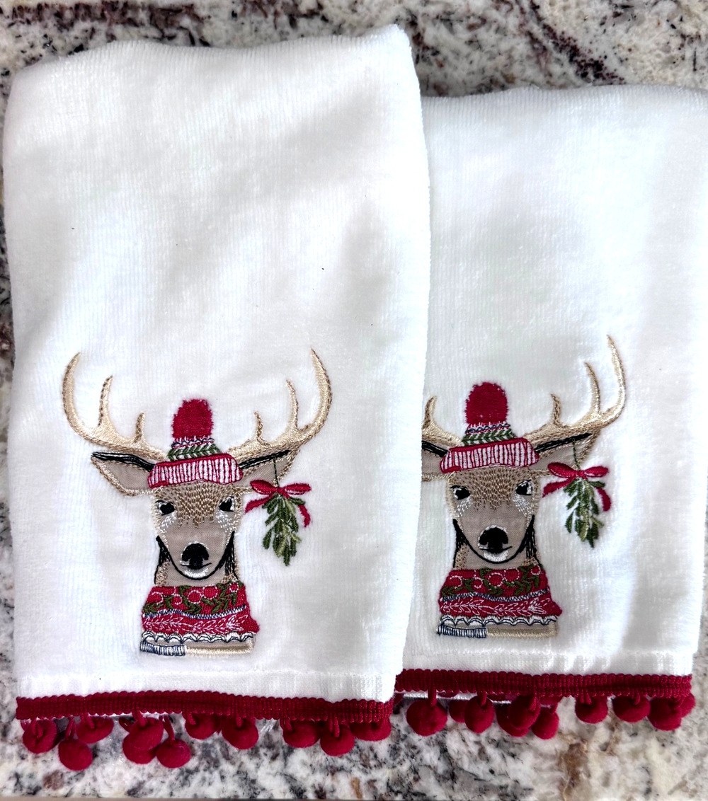 Jingles & Joy Reindeer NEW Hand Towels Set (2) Embroidered w/ Red Trim Pom Poms